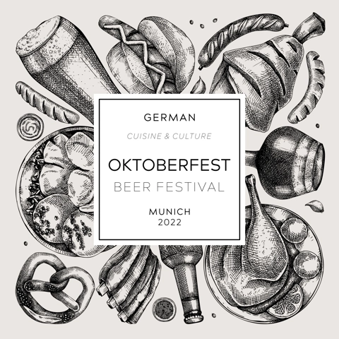 Oktoberfest wreath. German food and drinks menu design. Vector meat dishes sketches. German cuisine vintage frame. Oktoberfest party. Beer festival background in sketched style.